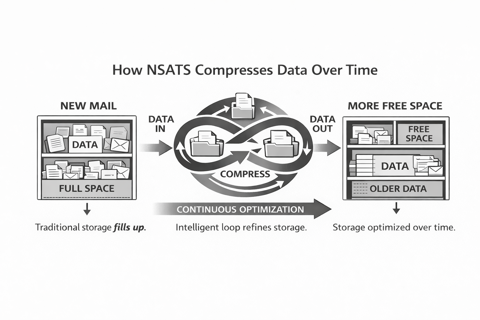 Space recovered over time as NSATS continuously reorganizes stored data